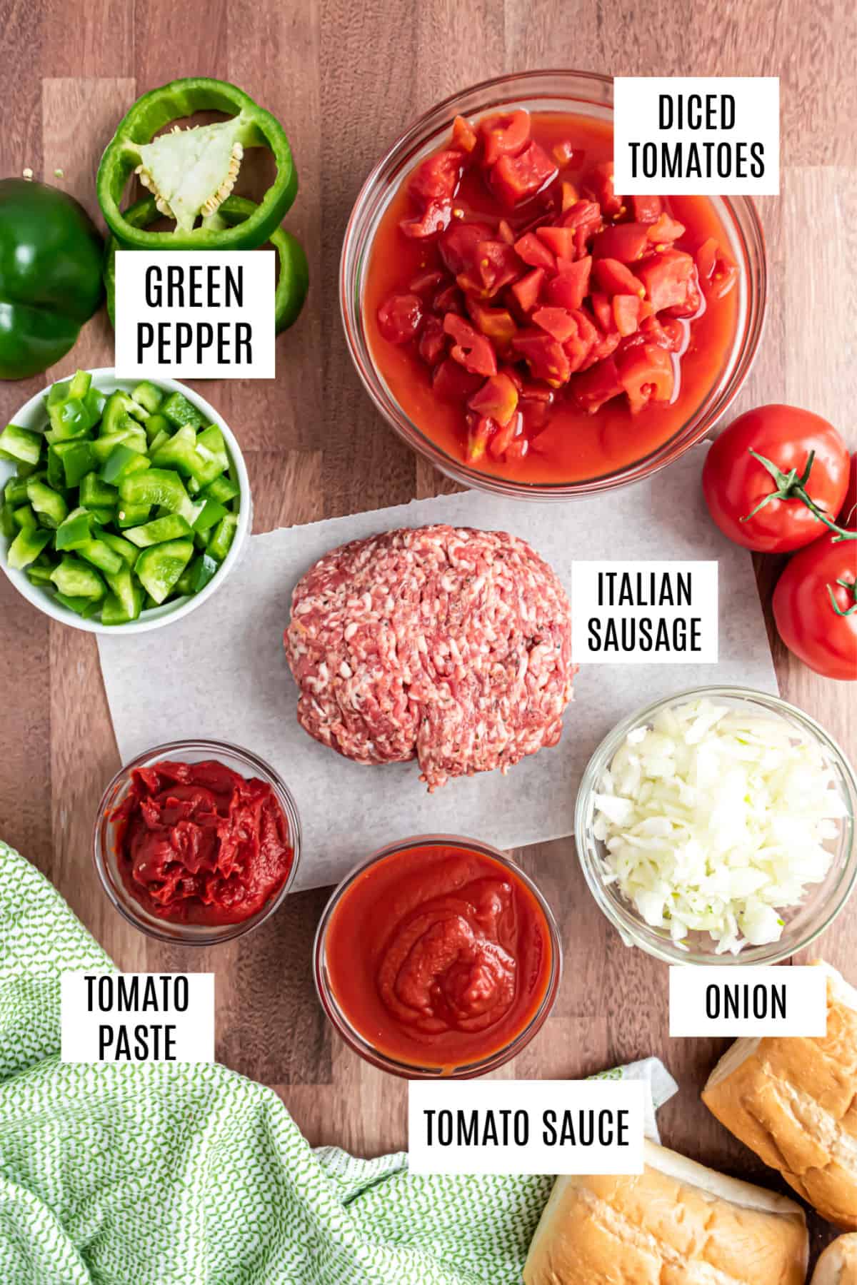 Ingredients needed for slow cooker sausage and peppers.