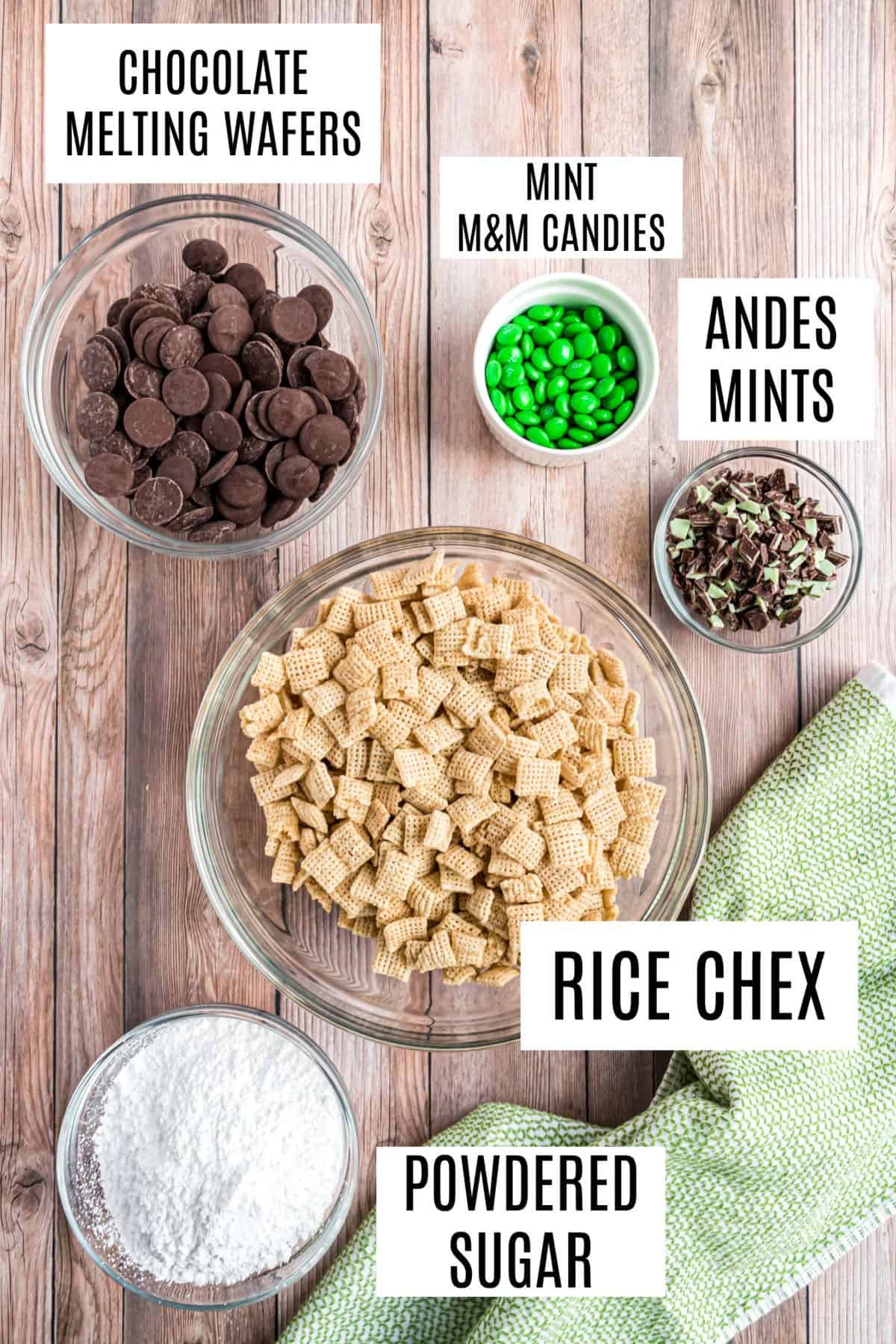 Ingredients needed to make thin mint puppy chow.