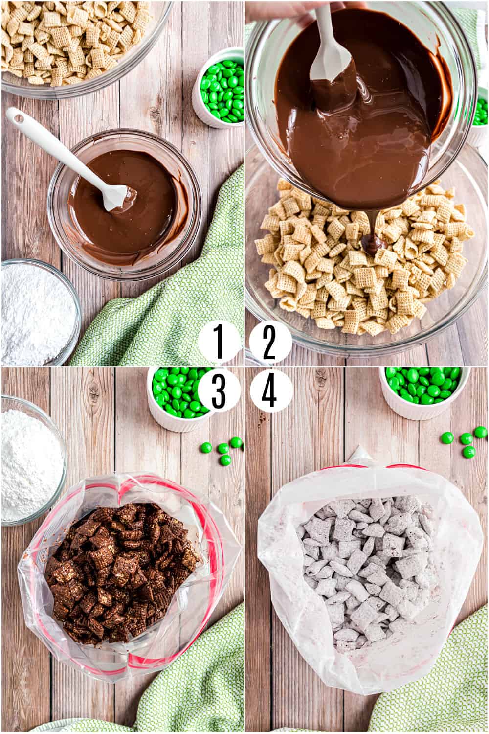 Step by step photos showing how to make thin mint puppy chow.