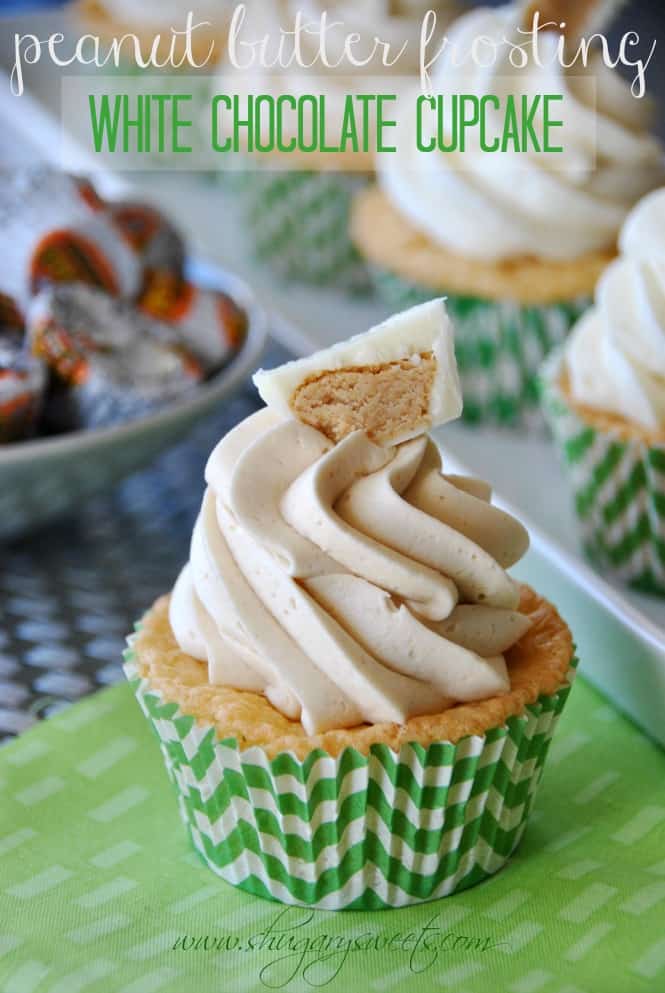 White Chocolate Cupcakes topped with Peanut butter Frosting: inspired by Reese's white chocolate PB cups #peanutbutter #Reese's www.shugarysweets.com