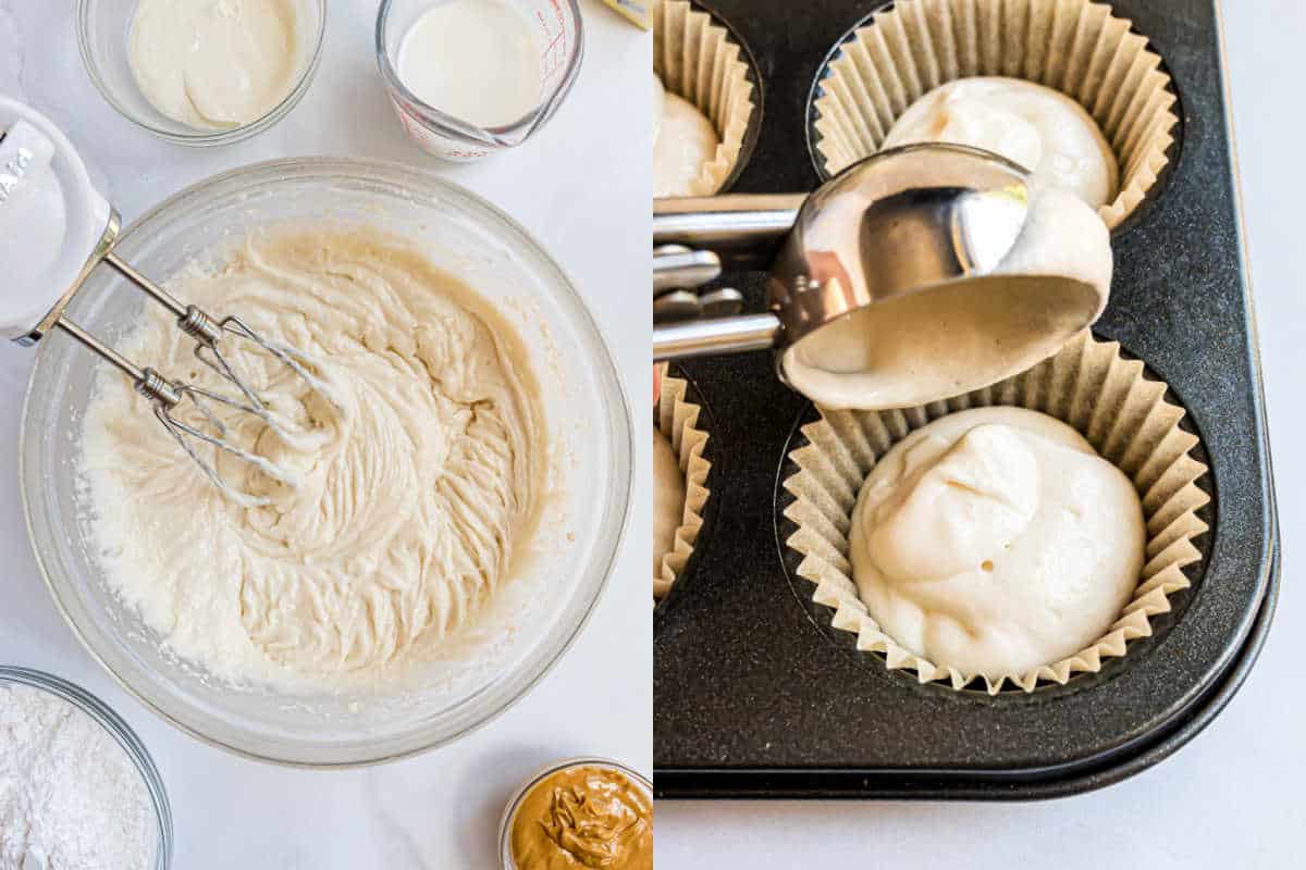 A hand mixer in a bowl of batter and batter being scooped into cupcake liners in a muffin tin, ready to bake delicious white chocolate cupcakes.