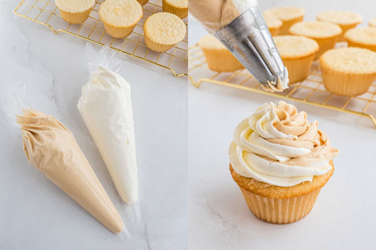 Two piping bags with frosting and a cupcake being topped with swirled white and brown frosting, perfect for decorating delicious white chocolate cupcakes.