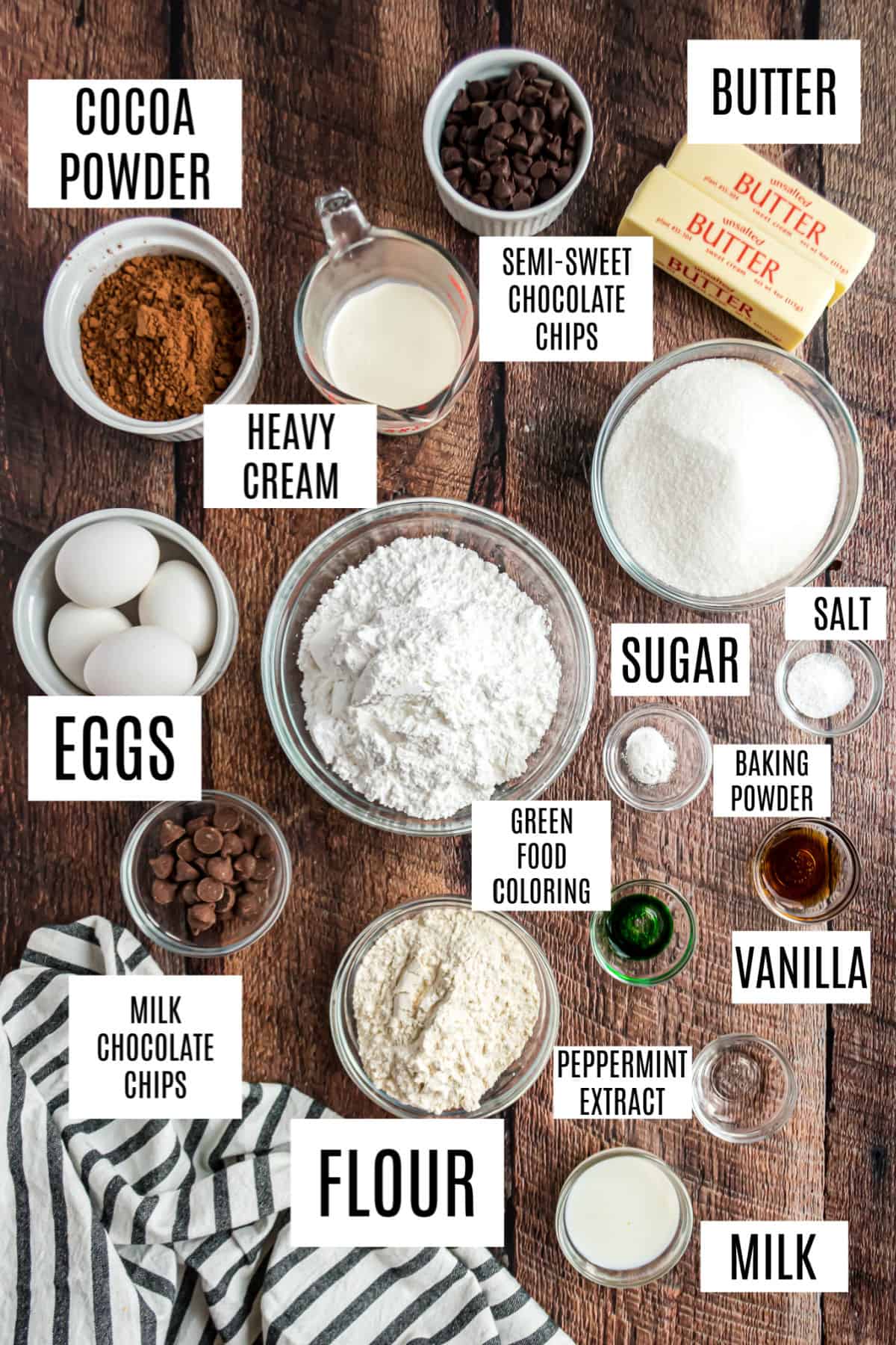 Ingredients need for chocolate mint brownies.