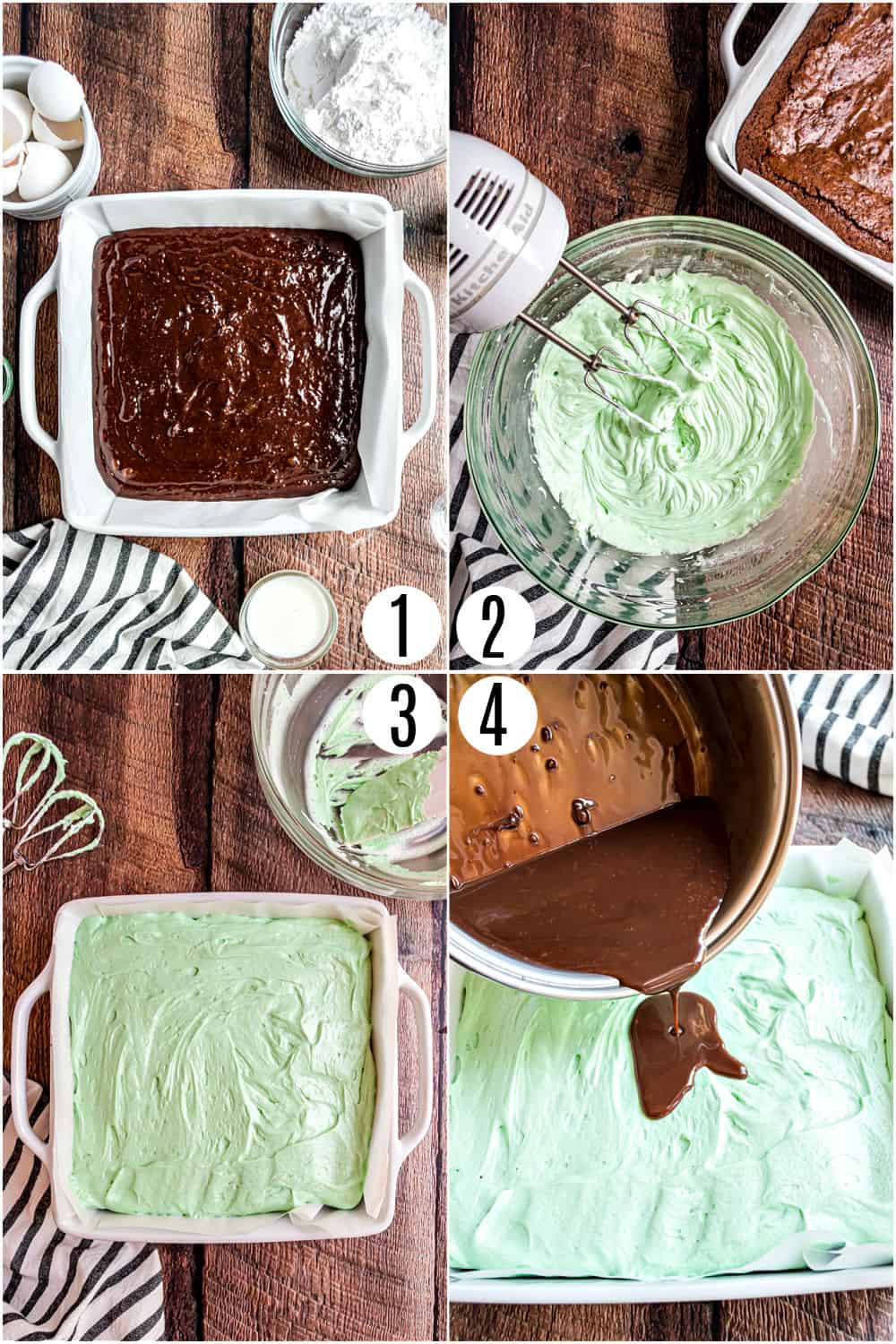 Step by step photos showing how to make chocolate mint brownies.