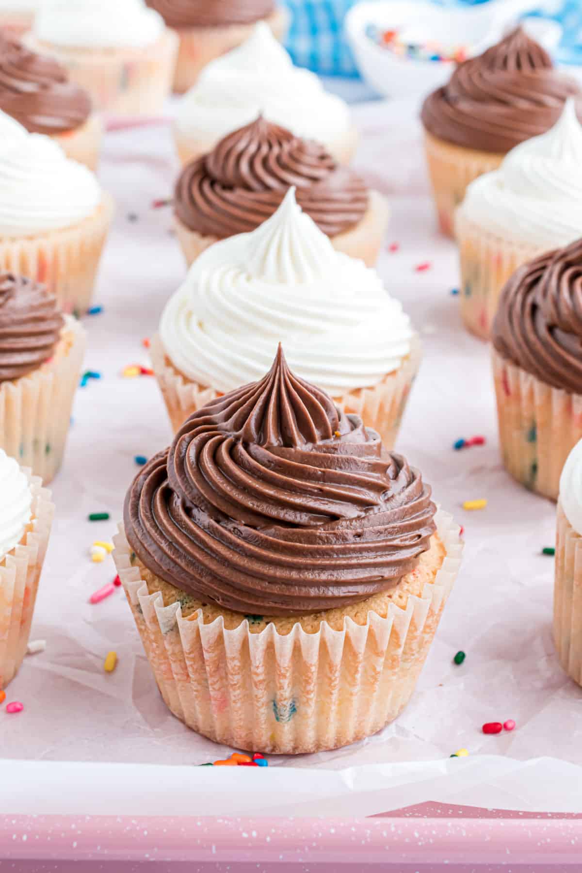 Funfetti cupcakes topped with chocolate and vanilla frosting swirls.