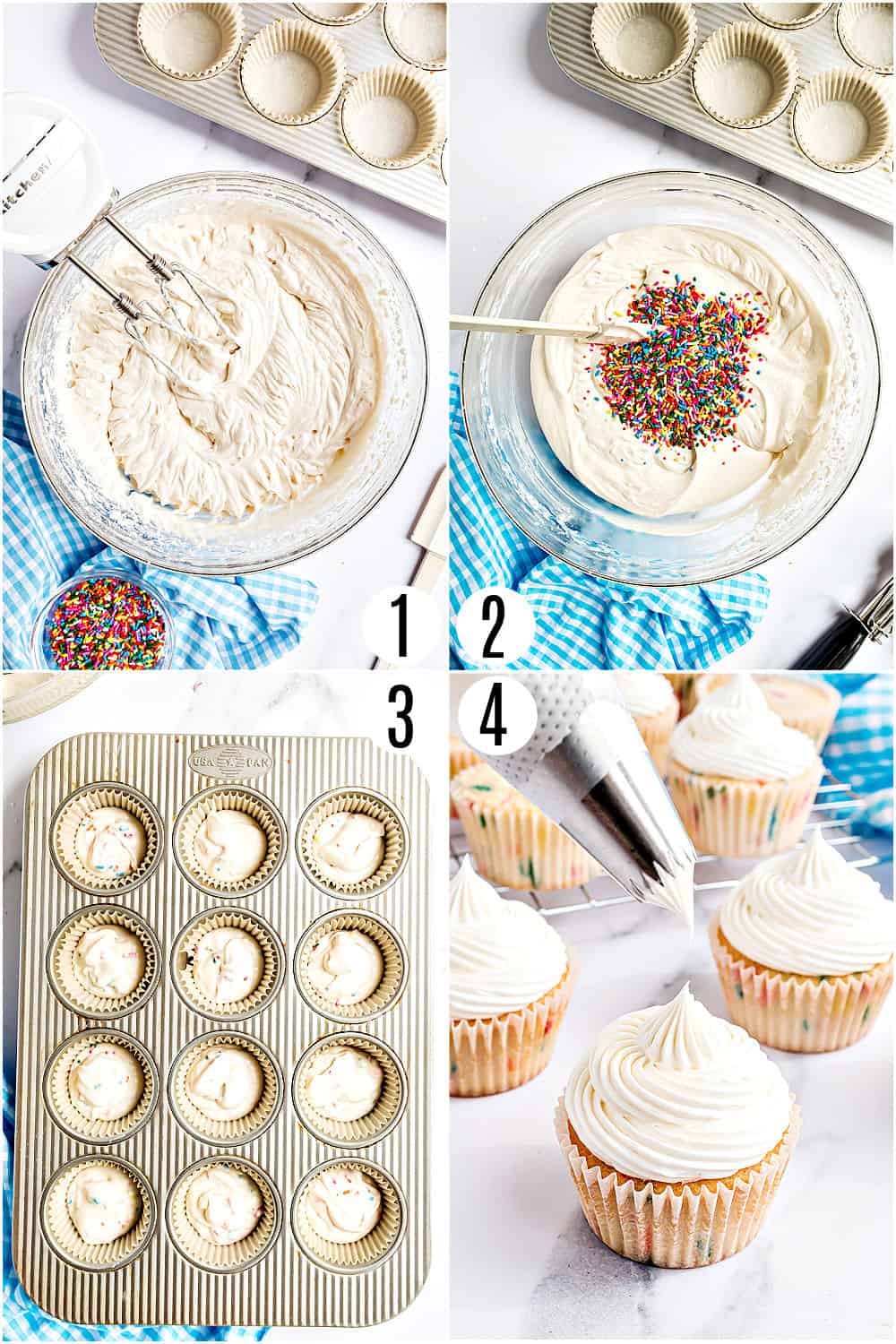 Step by step photos showing how to make funfetti cupcakes