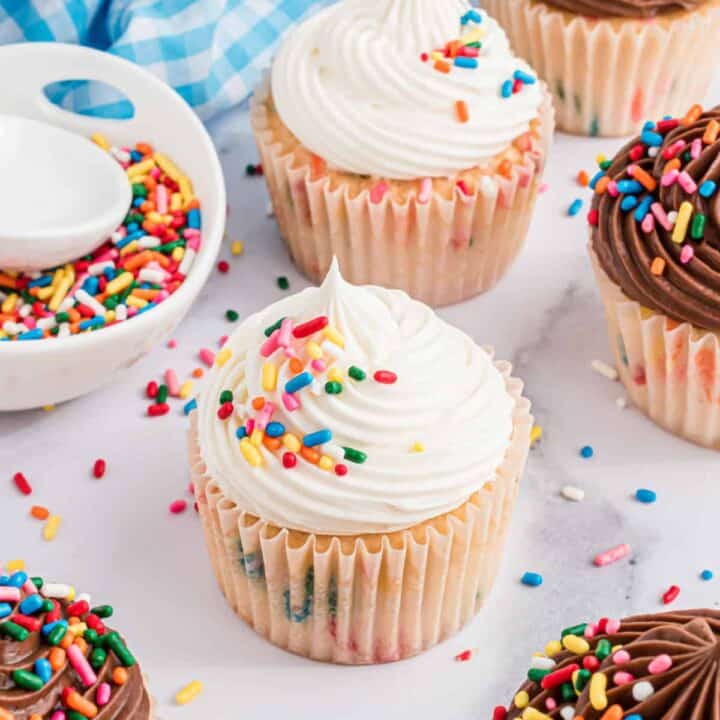 A delicious, from scratch, Funfetti Cupcake recipe with a soft, tender crumb and colorful sprinkles. Top it off with your favorite frosting for a sweet treat.