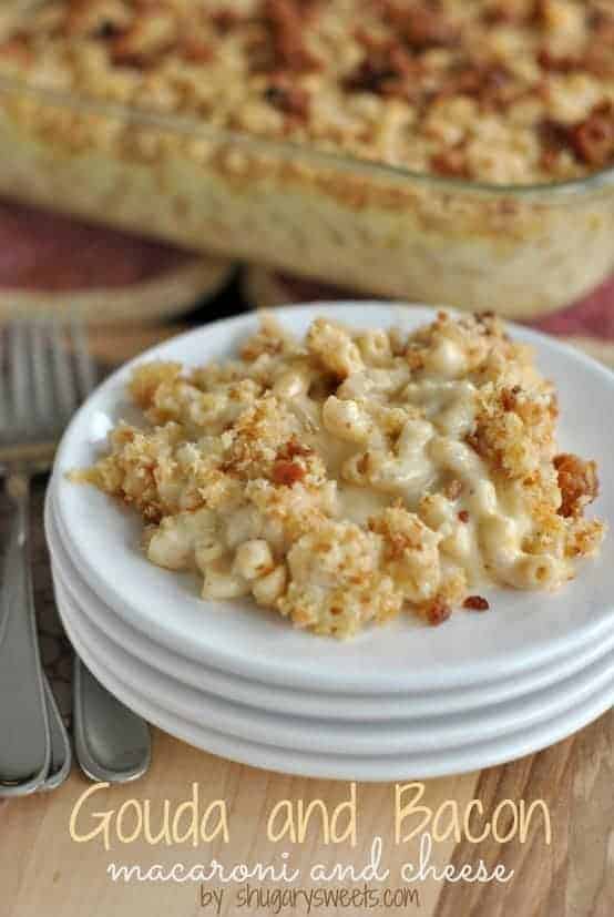 Gouda Bacon Macaroni and Cheese: comfort food that kids and grownups will LOVE #macandcheese @shugarysweets Baked mac and cheese with gouda and bacon on small white plate.