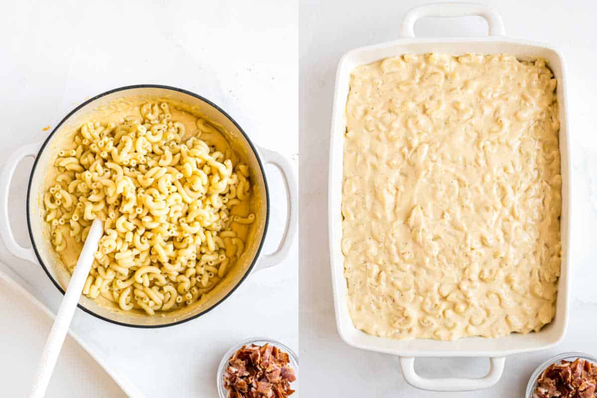 Pot of macaroni with cheese sauce and a casserole dish filled with creamy gouda bacon macaroni and cheese, before baking.