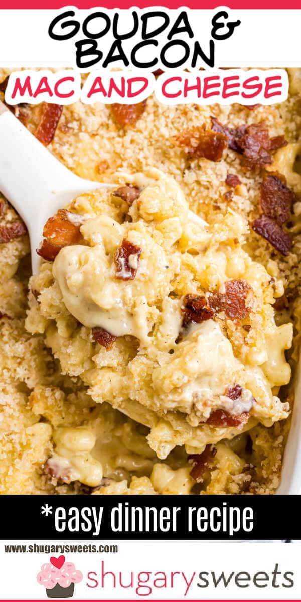 Spoonful of creamy gouda bacon macaroni and cheese with crispy breadcrumbs, served in a white dish.