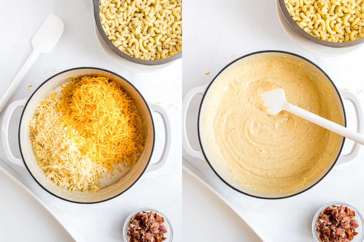 Two images: shredded gouda cheese in a pot, then stirred into a creamy sauce for bacon macaroni and cheese, with pasta and chopped bacon nearby.