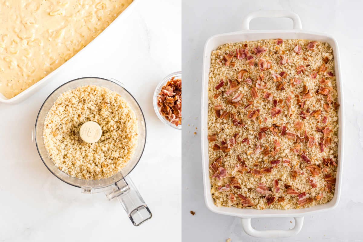 A food processor with breadcrumbs, a bowl of bacon, and a casserole topped with breadcrumbs and bacon—perfect for making gouda bacon macaroni and cheese.
