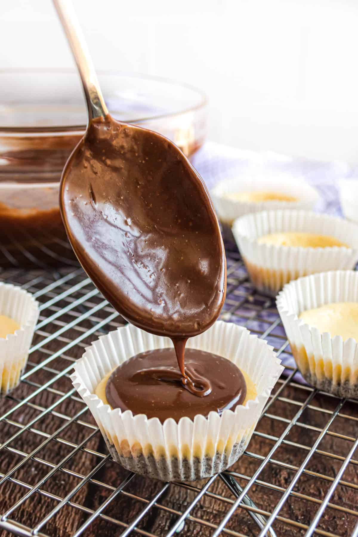 Ganache being spooned on top of mini cheesecakes.