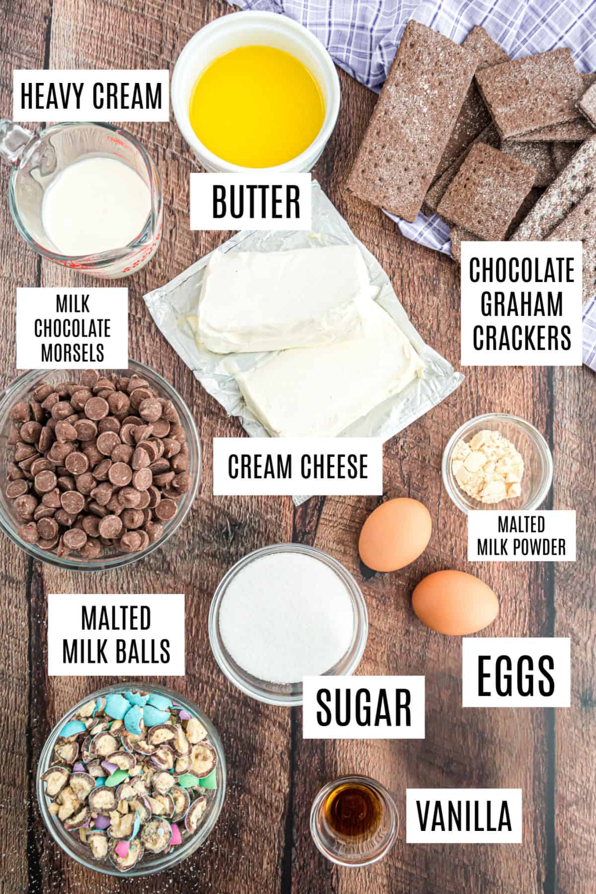 Ingredients needed for mini cheesecakes with candy and ganache.