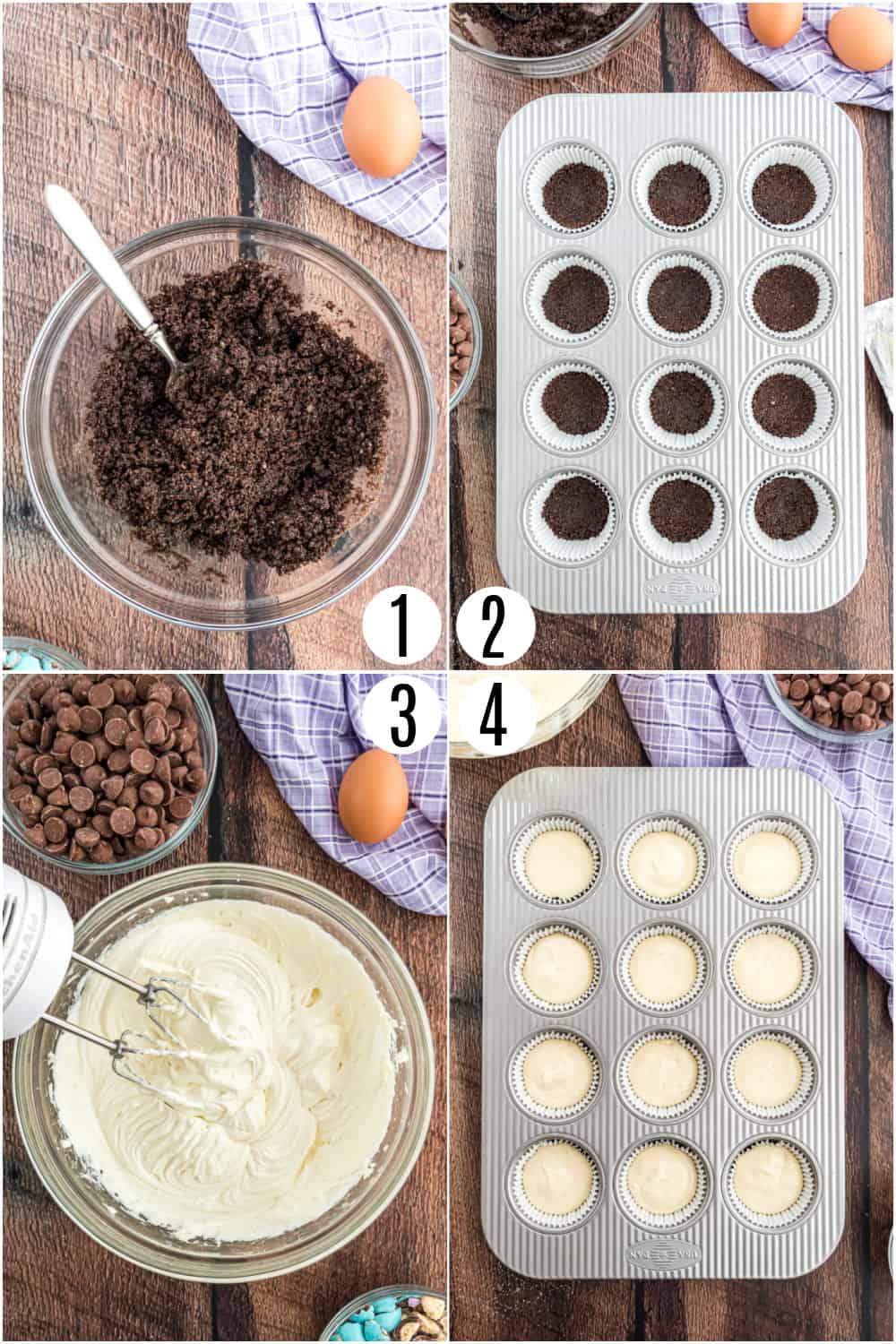 Step by step photos showing how to make mini cheesecakes.