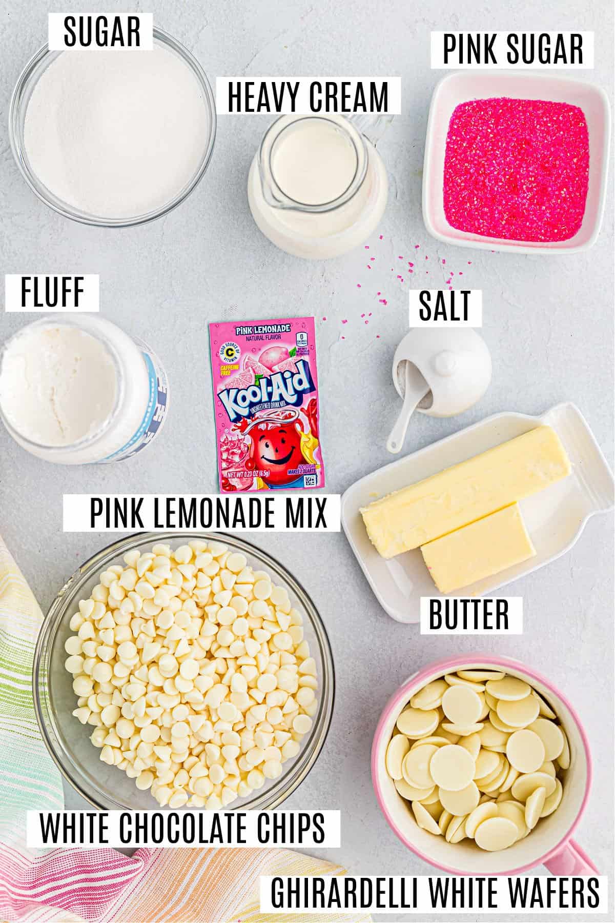 Ingredients needed for pink lemonade fudge.