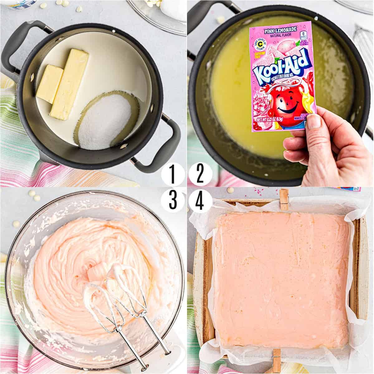 Step by step photos showing how to make pink lemonade fudge.