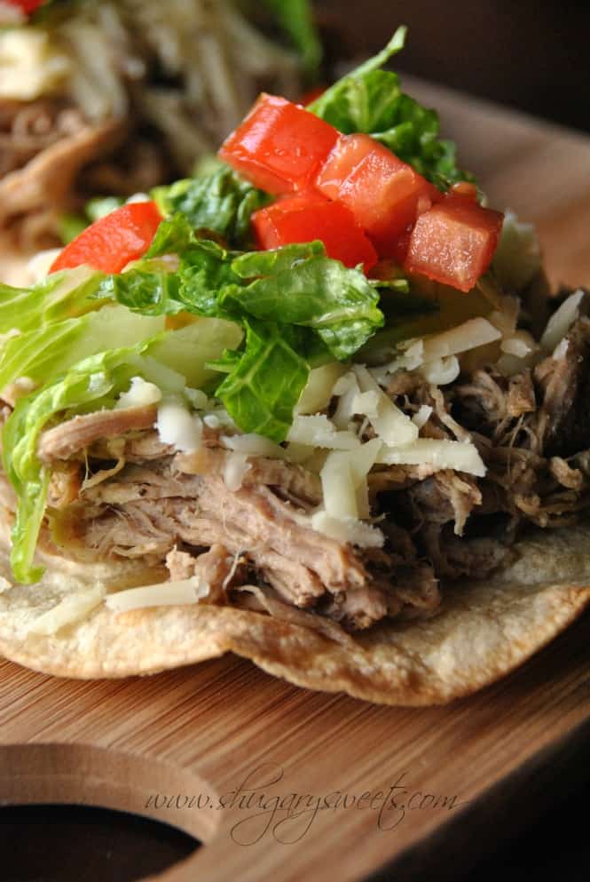 Jamaican Jerk Pulled Pork Tostadas: easy slow cooker dinner idea that's delicious and healthy! #slowcooker #dinner www.shugarysweets.com