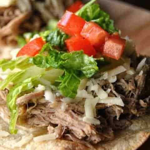 Jamaican Jerk Pulled Pork Tostadas: easy slow cooker dinner idea that's delicious and healthy! #slowcooker #dinner www.shugarysweets.com