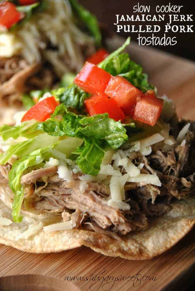Jamaican Jerk Pulled Pork Tostadas: easy slow cooker dinner idea that's delicious and healthy! #slowcooker #dinner www.shugarysweets.com