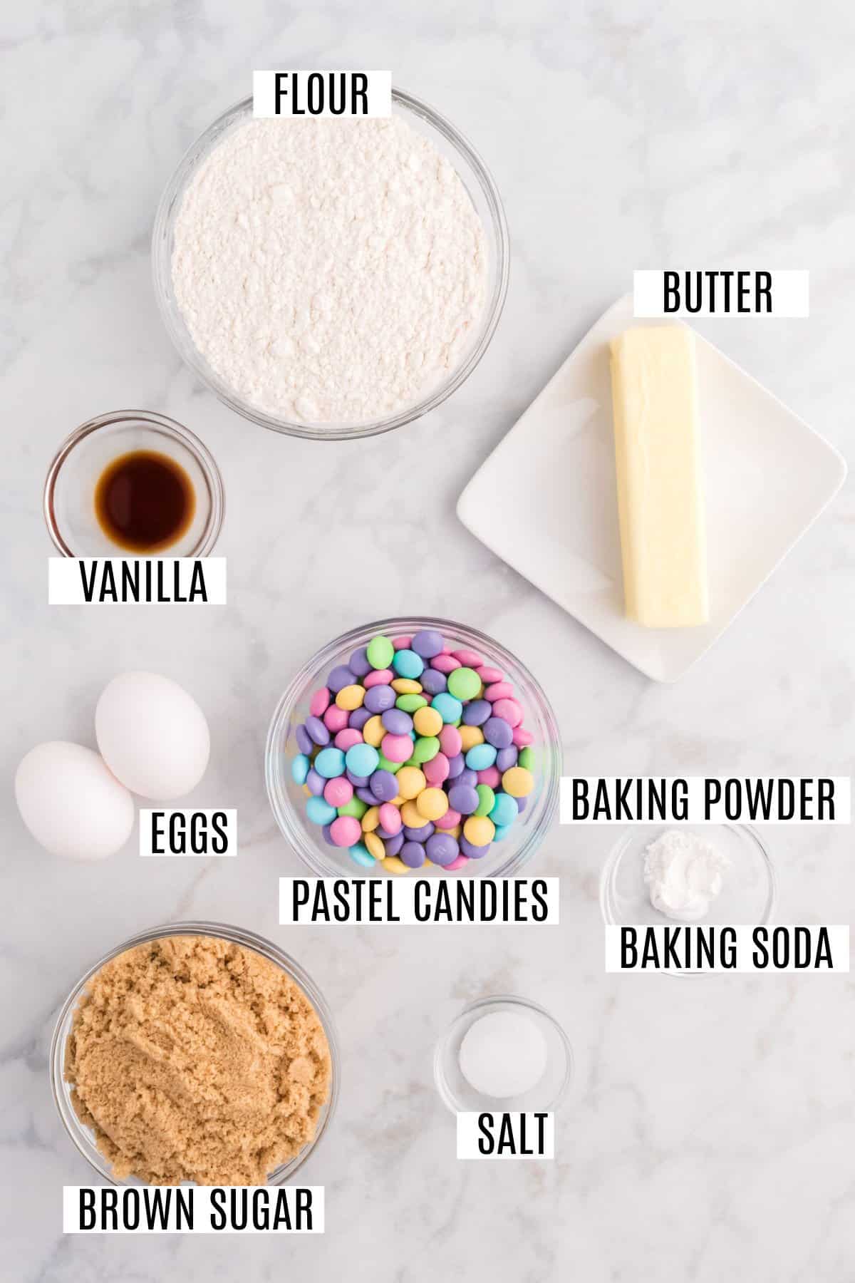 Ingredients needed to make Easter blondies.