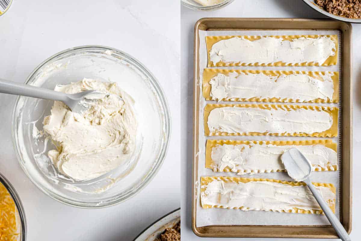 A bowl of cheese mixture and lasagna noodles being spread with the mixture on a baking sheet, perfect for making tasty enchilada beef rollups.