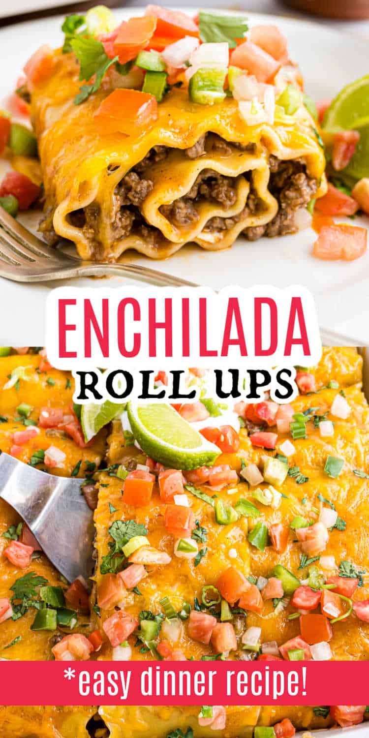 Close-up of cheesy enchilada beef rollups with ground beef, diced tomatoes, and chopped herbs, labeled as an easy dinner recipe.