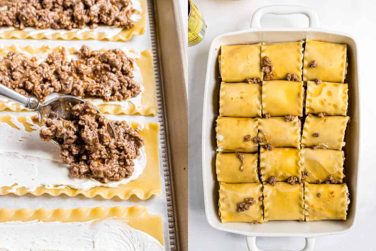 Left: Spoon adding meat sauce on lasagna noodles; Right: Rolled enchilada beef rollups nestled in a baking dish with sauce.
