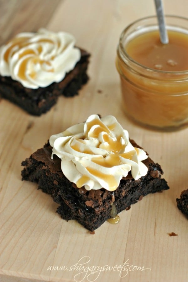 Dark Chocolate Brownies with Salted Caramel Frosting and Homemade Caramel Sauce: easy recipe for #caramel sauce! @shugarysweets