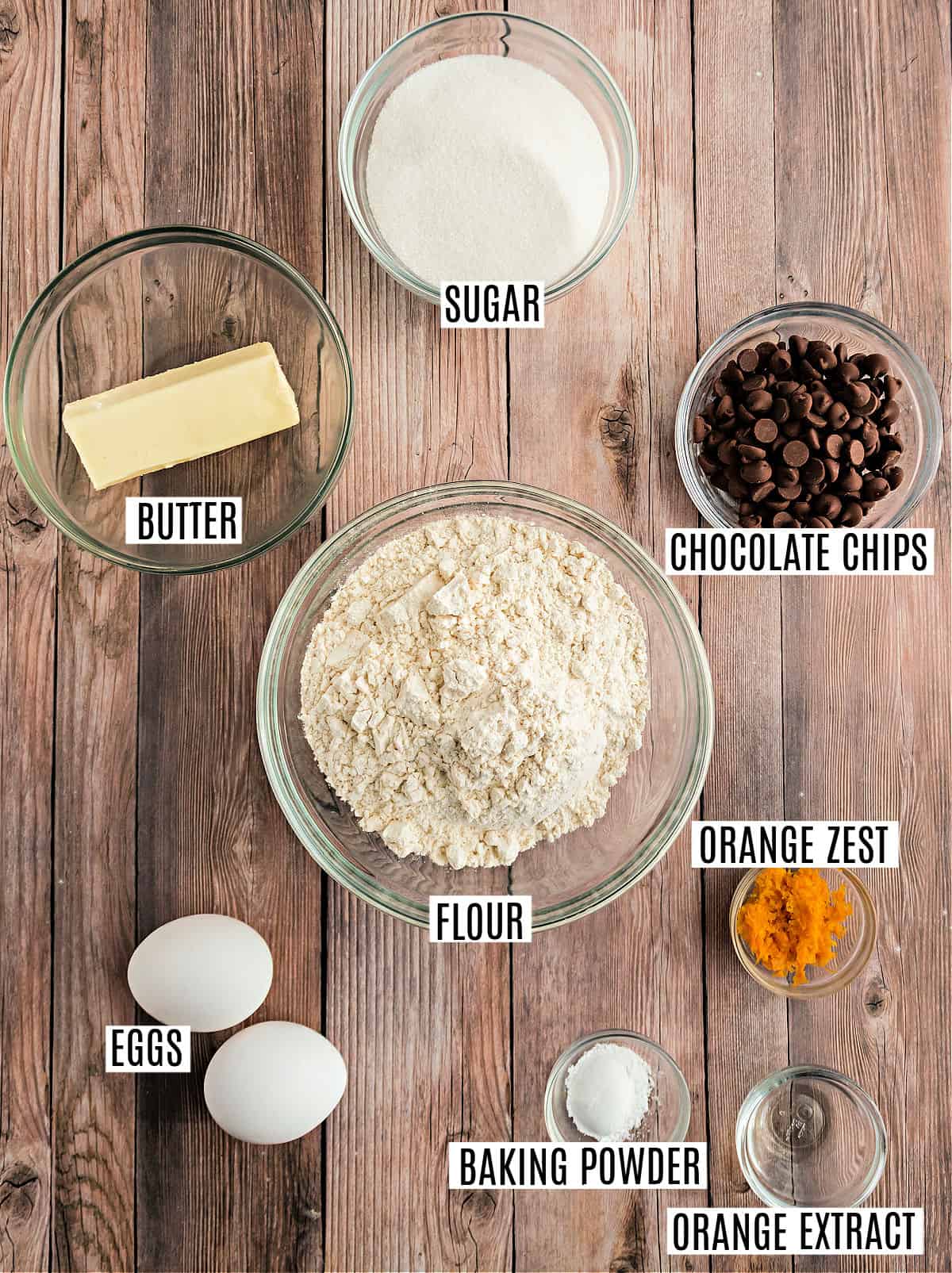 Ingredients needed to make chocolate orange biscotti.