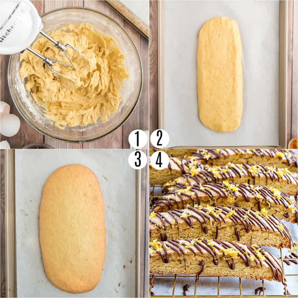 Step by step photos showing how to make orange biscotti drizzled with chocolate.