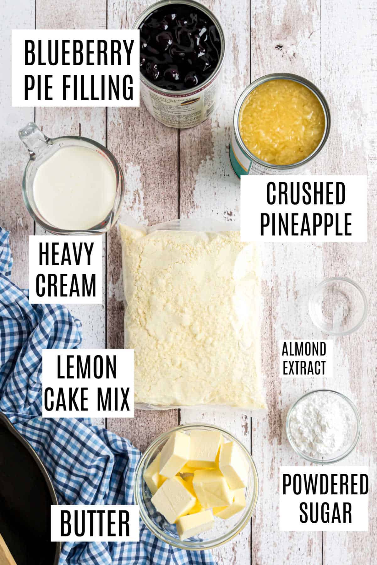 Ingredients needed to make lemon blueberry dump cake.