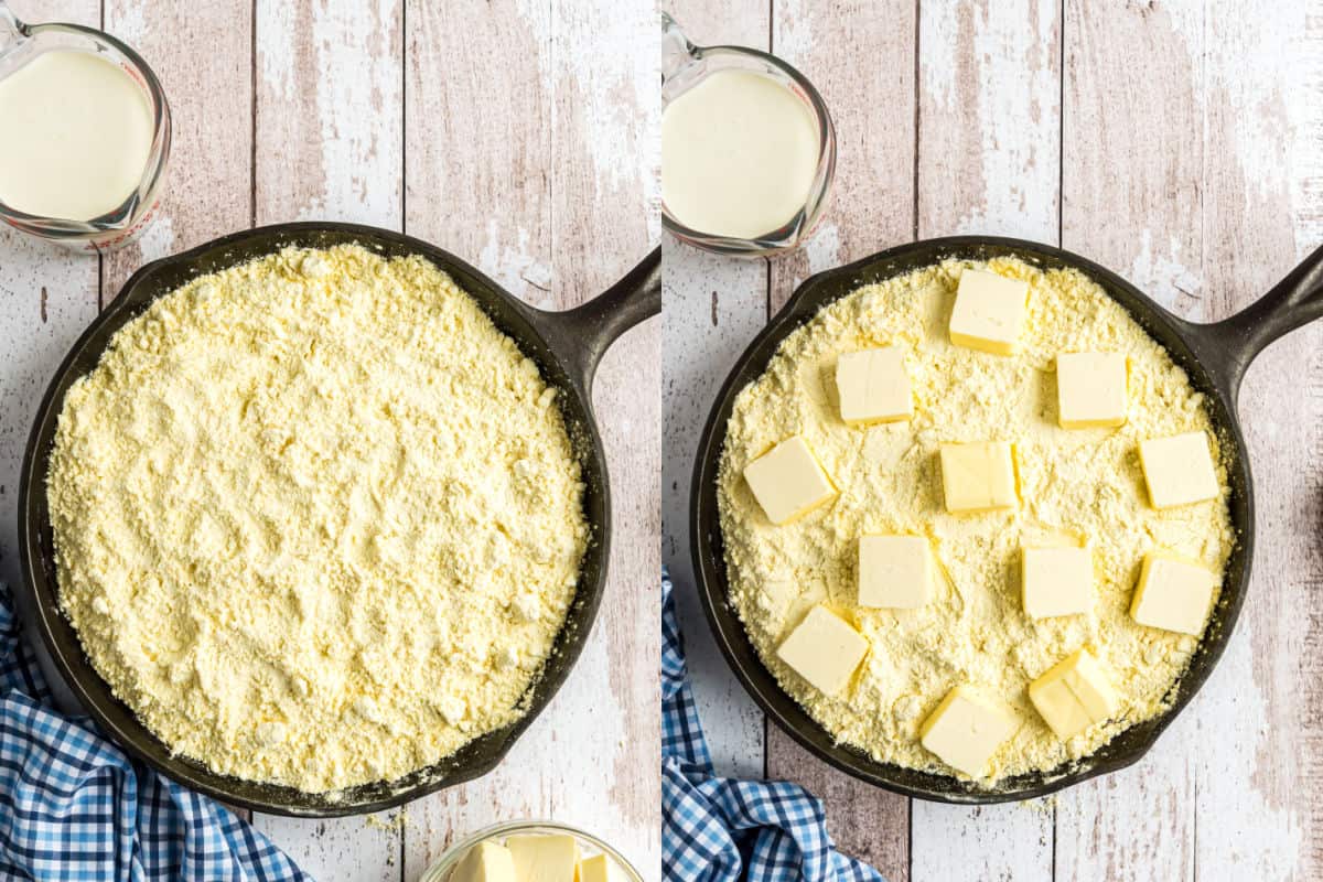 Step by step photos showing how to put a topping on a dump cake.