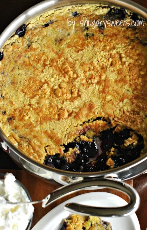 Lemon Blueberry Skillet Dump Cake with Almond Whipped Cream: easy, no mess recipe with pantry ingredients! #dumpcake