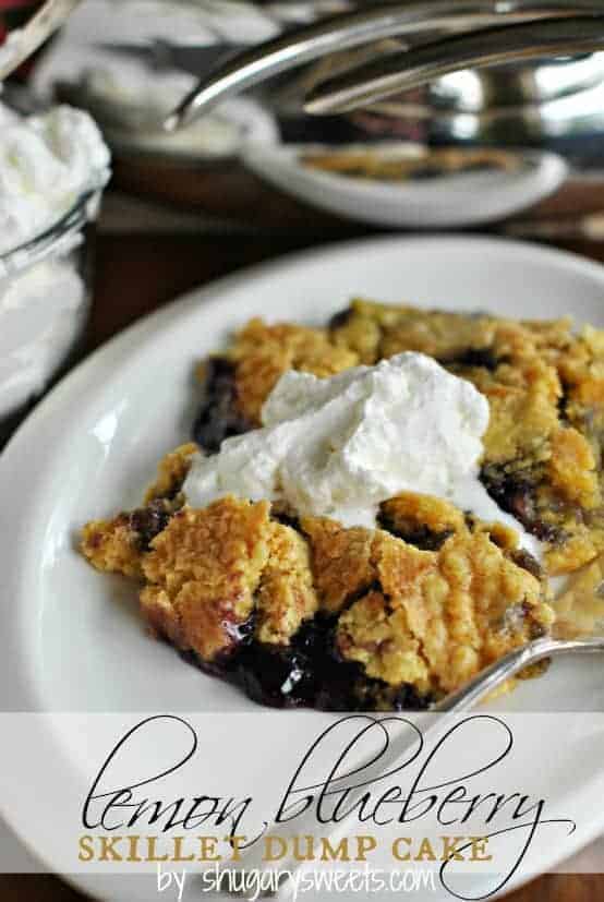 Lemon Blueberry Skillet Dump Cake with Almond Whipped Cream: easy, no mess recipe with pantry ingredients! #dumpcake