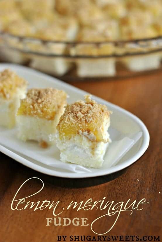 Lemon Meringue Fudge: Delicious creamy lemon fudge topped with homemade lemon curd, marshmallows and crushed grahams @shugarysweets Lemon Meringue Fudge: Delicious creamy lemon fudge topped with homemade lemon curd, marshmallows and crushed grahams @shugarysweets