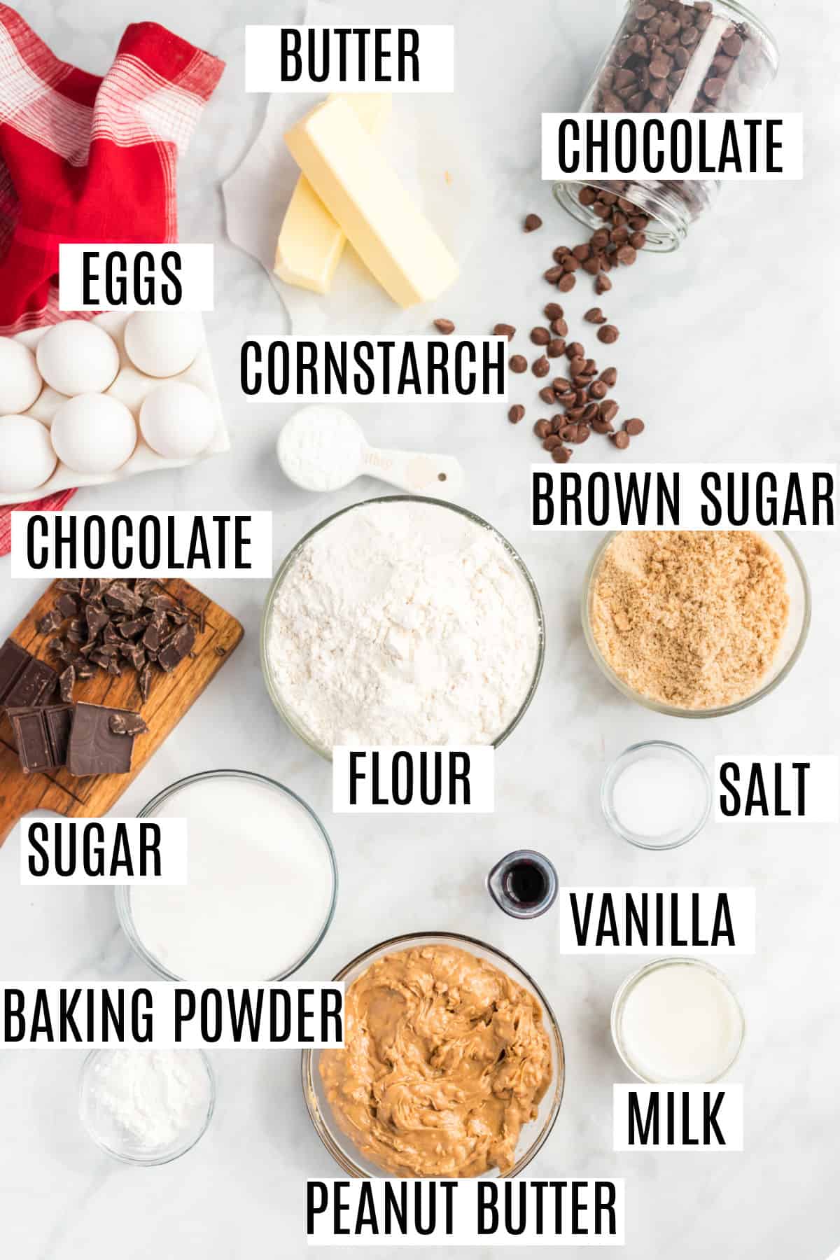 Ingredients needed to make peanut butter chocolate chip cookies from scratch.