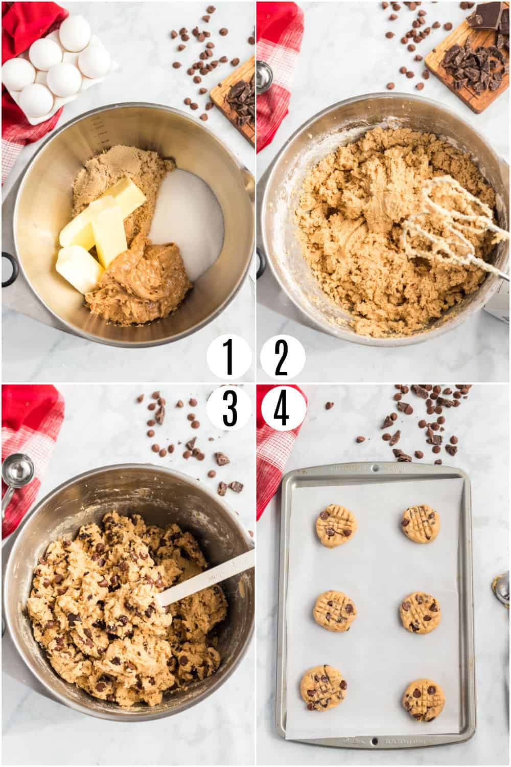 Step by step photos showing how to make peanut butter chocolate chip cookies.