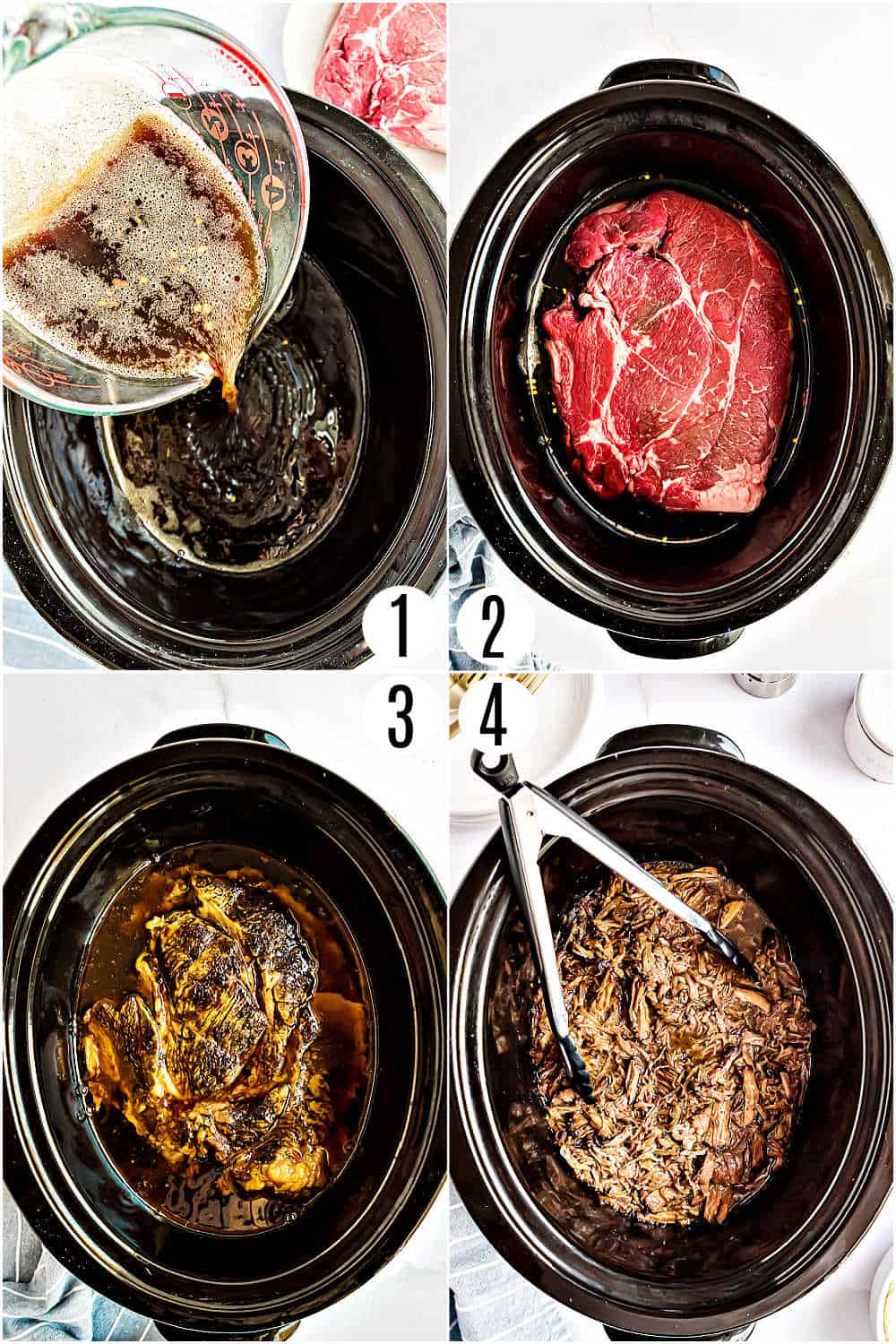 Step by step photos showing how to make slow cooker shredded beef.