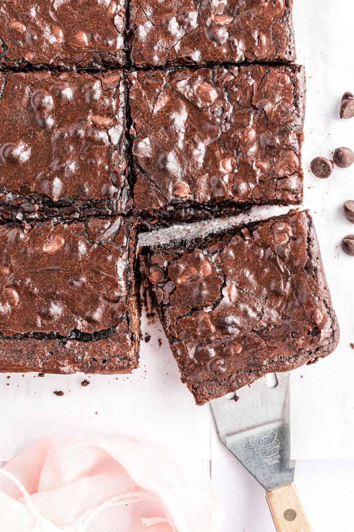 Dark chocolate brownies cut into squares.