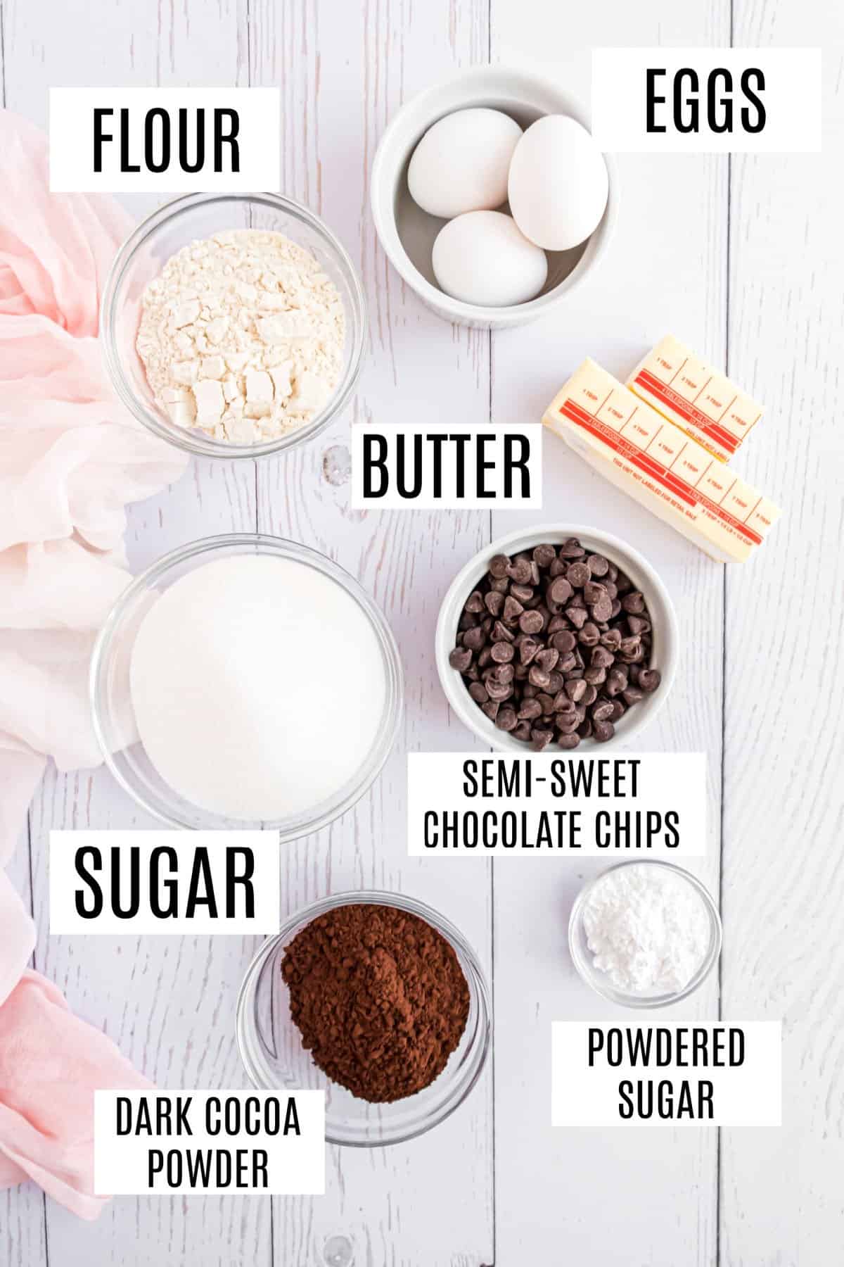 Ingredients needed to make dark chocolate brownies.