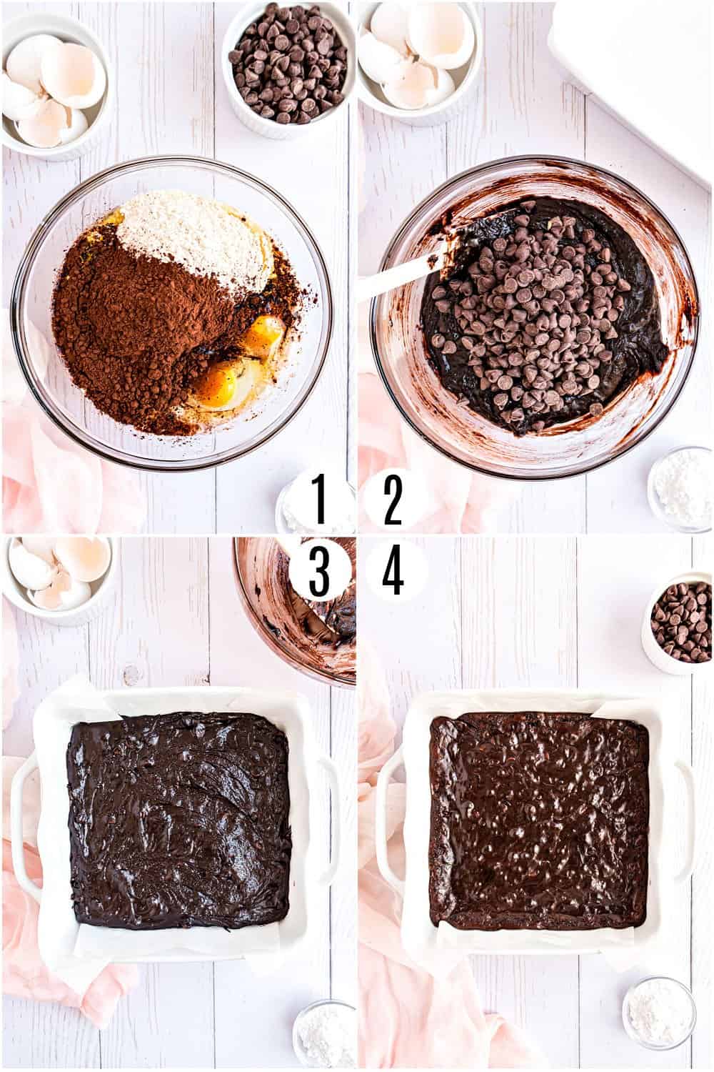 Step by step photos showing how to make dark chocolate brownies.