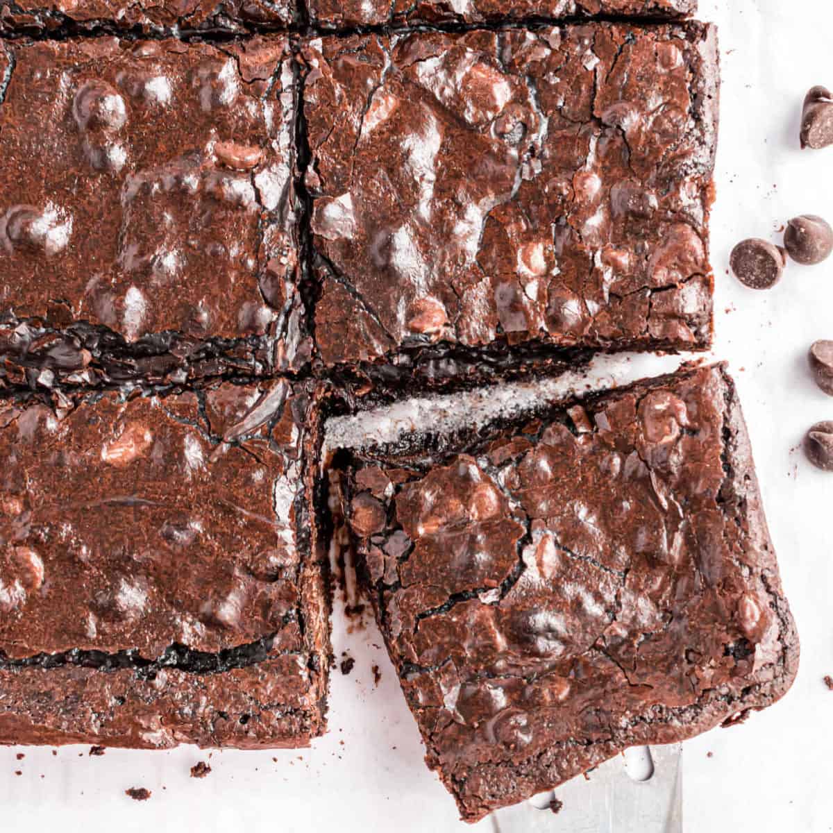 Dark chocolate brownies sliced into large squares.
