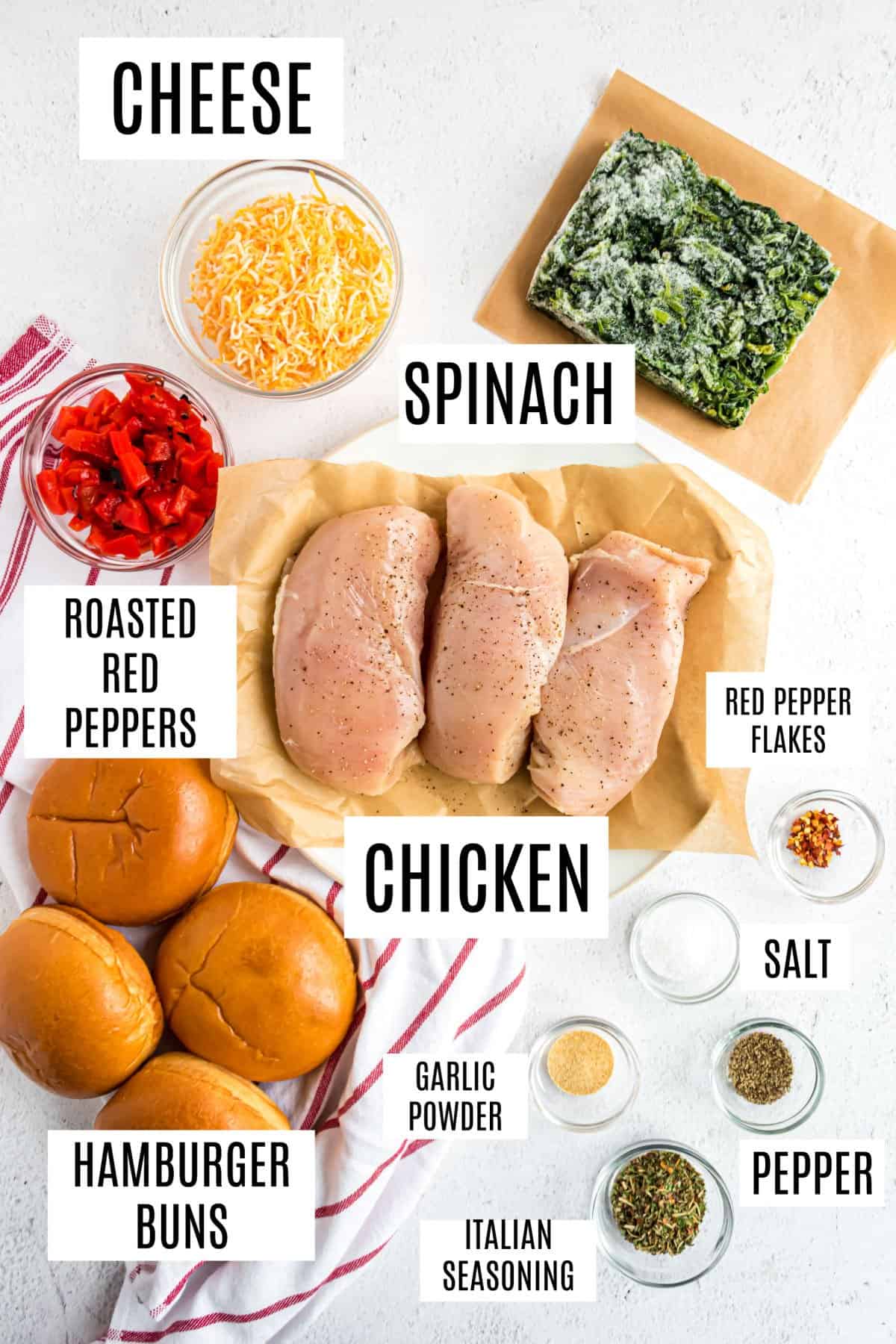 Ingredients needed to make Italian chicken sandwiches.