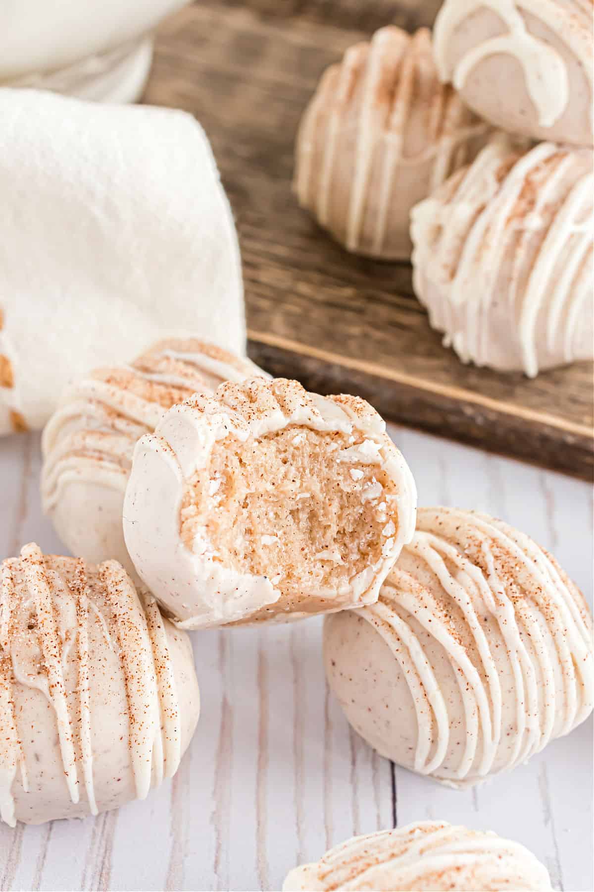 Snickerdoodle truffles dipped in white chocolate.