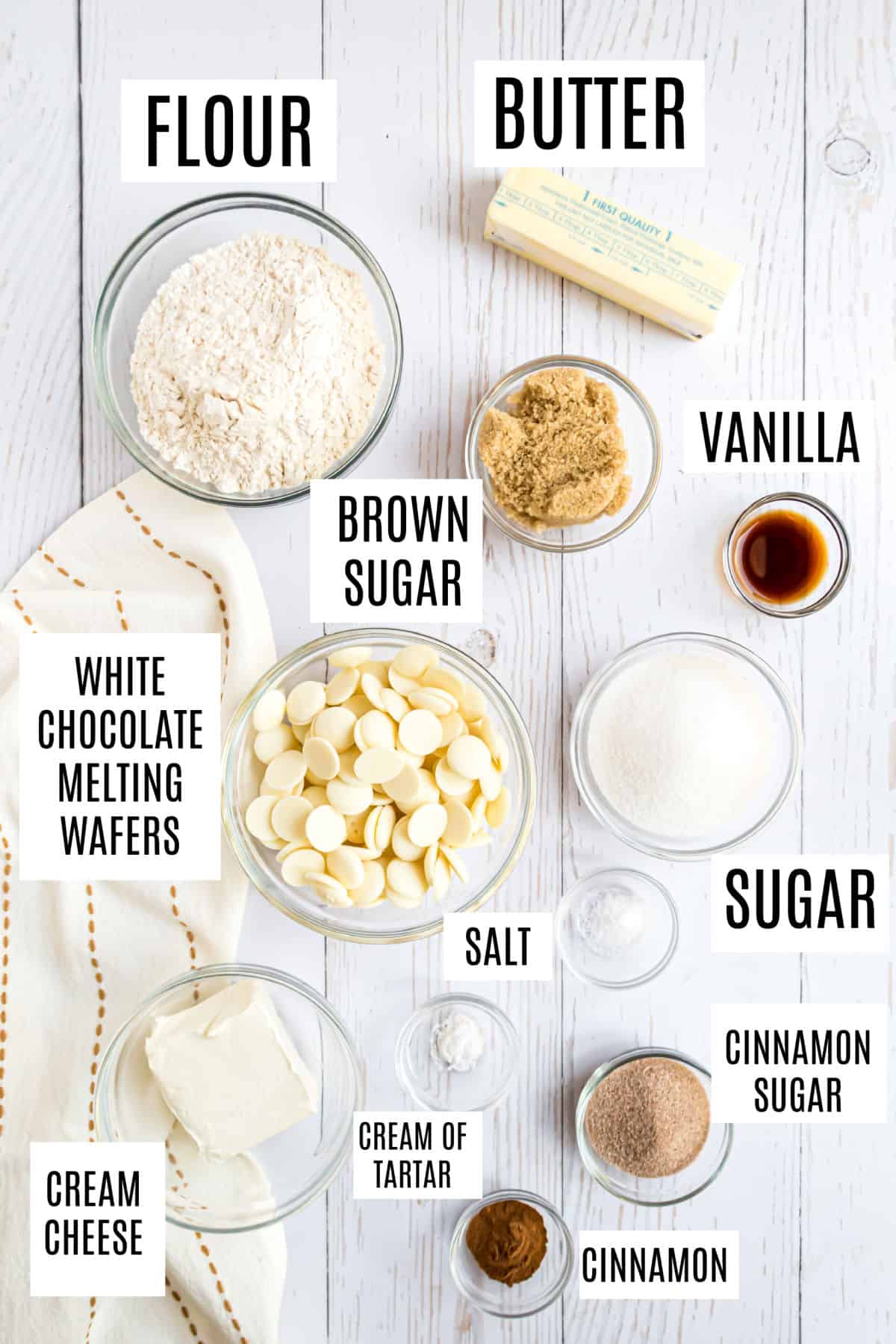 Ingredients needed to make snickerdoodle cookie dough truffles.
