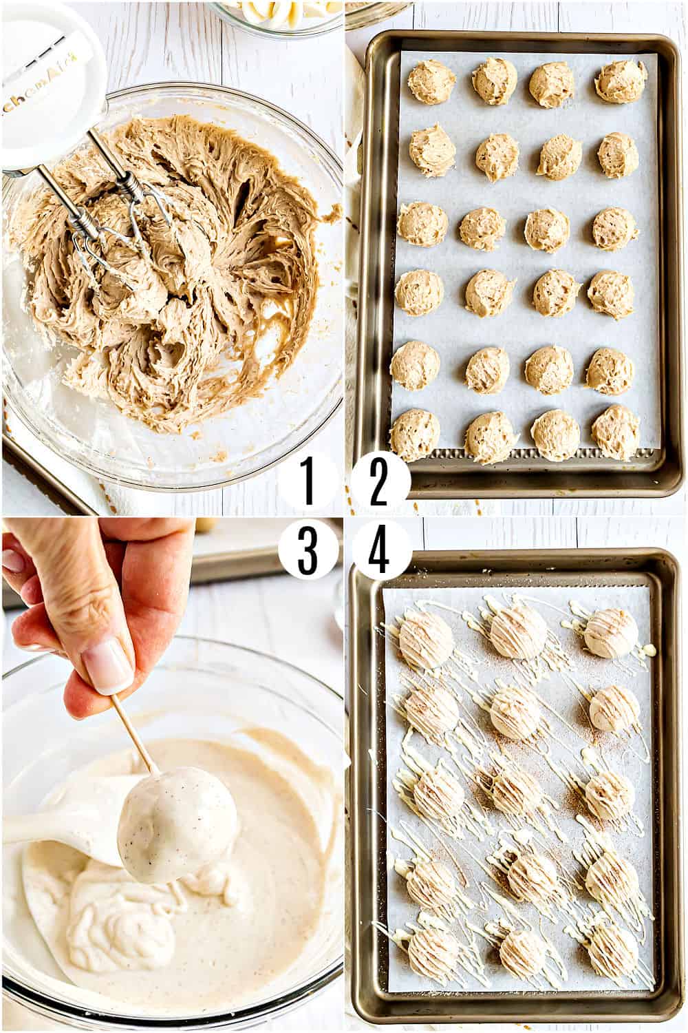 Step by step photos showing how to make snickerdoodle cookie dough truffles.