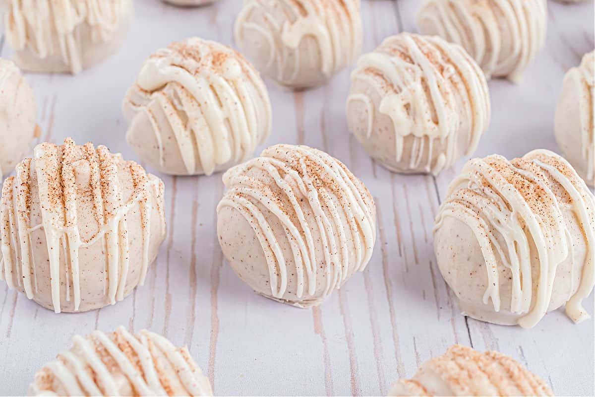 White chocolate truffles filled with snickerdoodle cookie dough.