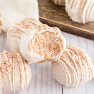 Snickerdoodle Cookie Dough Truffles. Enjoy your favorite childhood cookie in truffle form! This egg free cookie dough is rolled in white chocolate and dusted with cinnamon sugar.
