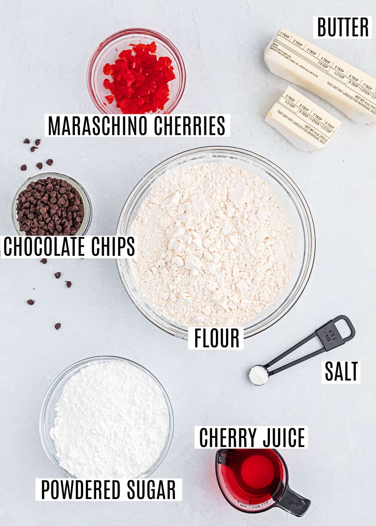 Ingredients needed to make cherry shortbread cookies.